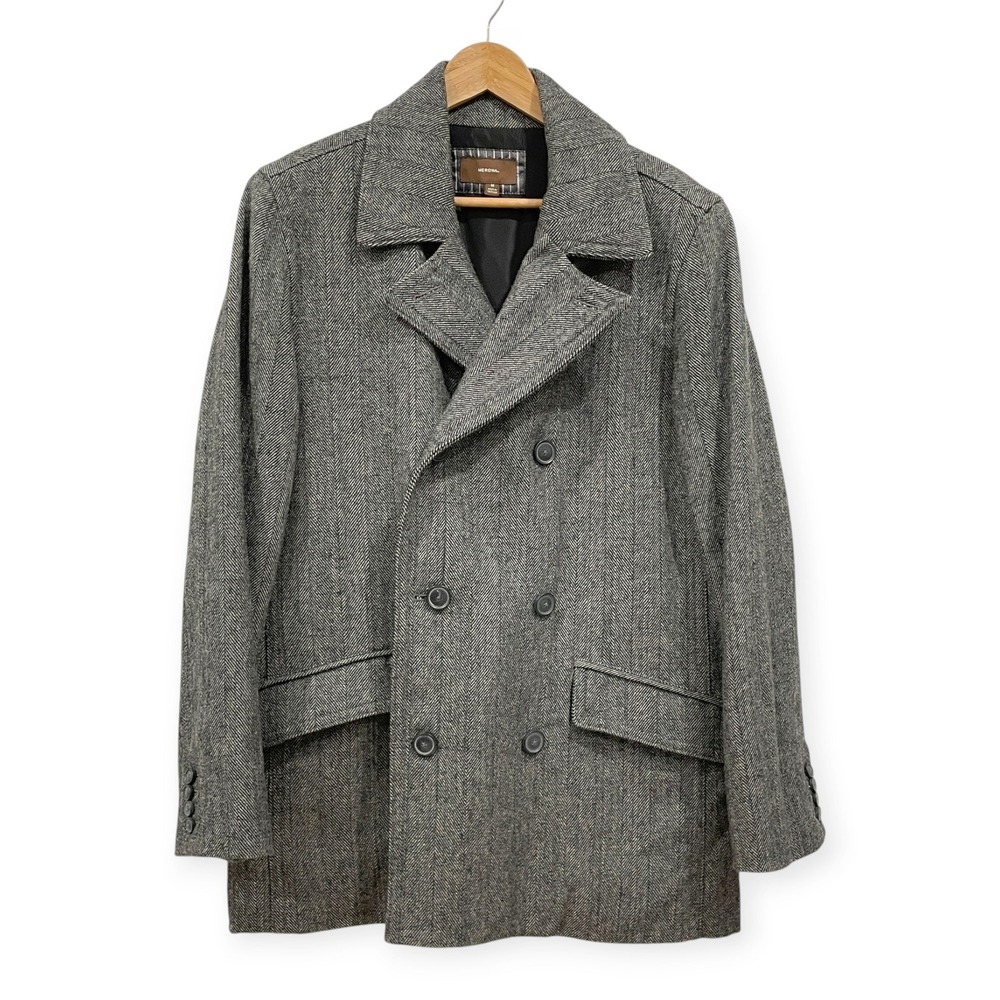 Merona Grey Herringbone Wool Blend Double Breasted Peacoat Men M Preppy Academia